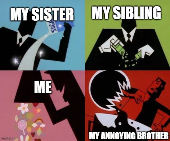 Powerpuff Girls Creation | MY SISTER; MY SIBLING; ME; MY ANNOYING BROTHER | image tagged in powerpuff girls creation | made w/ Imgflip meme maker