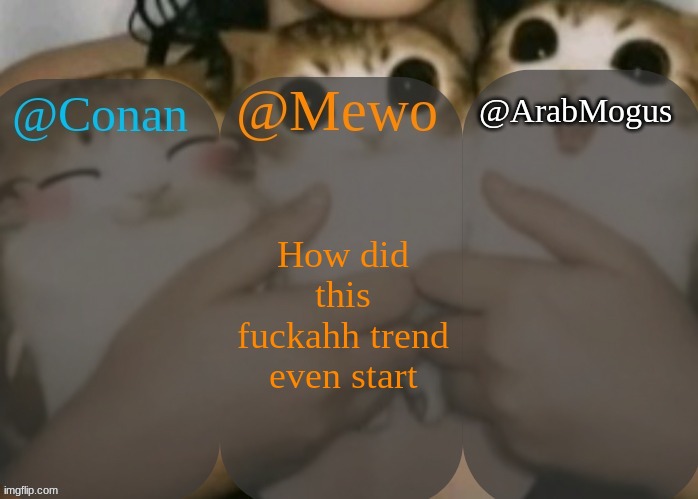 Conan, Mewo, Arabmogus shared template | How did this fuckahh trend even start | image tagged in conan mewo arabmogus shared template | made w/ Imgflip meme maker