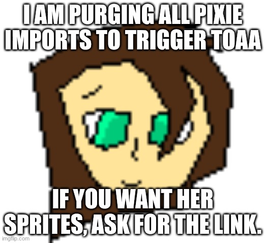 toaa cannot access the sprites anymore | I AM PURGING ALL PIXIE IMPORTS TO TRIGGER TOAA; IF YOU WANT HER SPRITES, ASK FOR THE LINK. | made w/ Imgflip meme maker