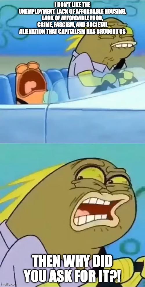 Then Why Did You Ask For It? | I DON'T LIKE THE UNEMPLOYMENT, LACK OF AFFORDABLE HOUSING, LACK OF AFFORDABLE FOOD, CRIME, FASCISM, AND SOCIETAL ALIENATION THAT CAPITALISM HAS BROUGHT US; THEN WHY DID YOU ASK FOR IT?! | image tagged in then why did you ask for it | made w/ Imgflip meme maker
