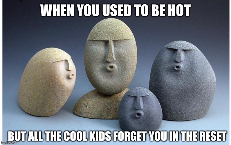 I don’t even know this meme’s name | WHEN YOU USED TO BE HOT; BUT ALL THE COOL KIDS FORGET YOU IN THE RESET | image tagged in rocks,pucker | made w/ Imgflip meme maker