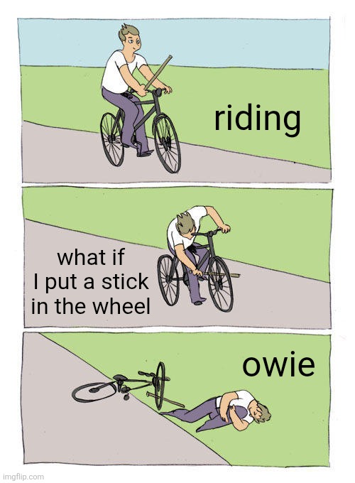 Bike Fall Meme | riding; what if I put a stick in the wheel; owie | image tagged in memes,bike fall | made w/ Imgflip meme maker