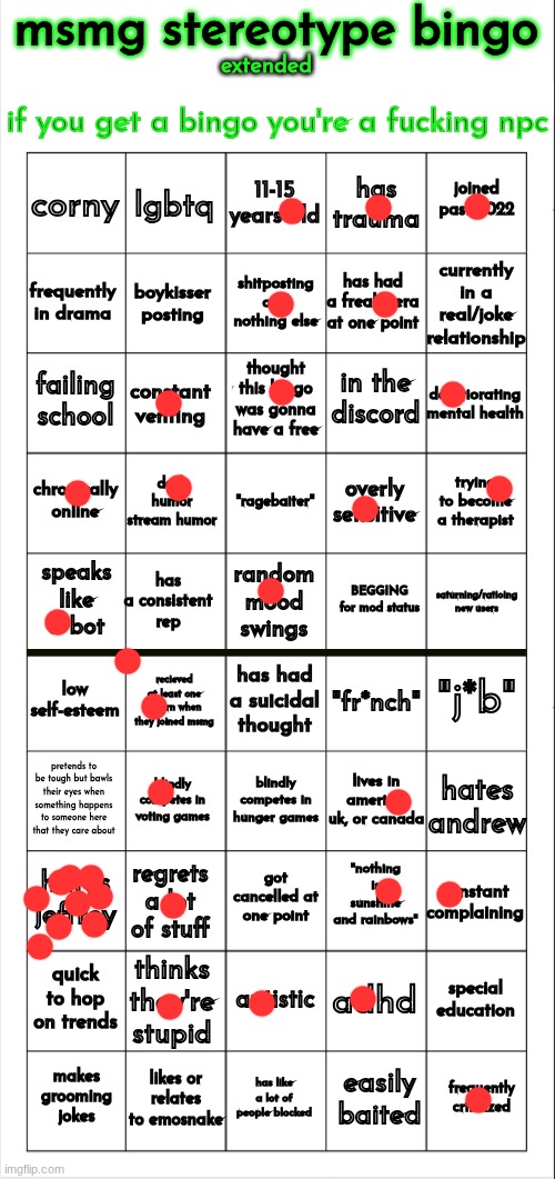 msmg stereotype bingo (extended) | image tagged in msmg stereotype bingo extended | made w/ Imgflip meme maker