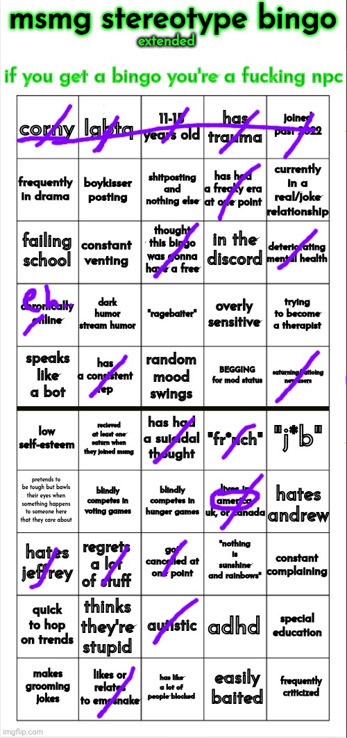 msmg stereotype bingo (extended) | image tagged in msmg stereotype bingo extended | made w/ Imgflip meme maker