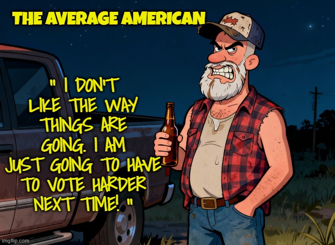 Keep us fighting among ourselves | '' I DON'T LIKE THE WAY
THINGS ARE GOING. I AM
JUST GOING TO HAVE
TO VOTE HARDER
NEXT TIME! ''; THE AVERAGE AMERICAN | image tagged in maga,america first,politics,black people,white people,us government | made w/ Imgflip meme maker