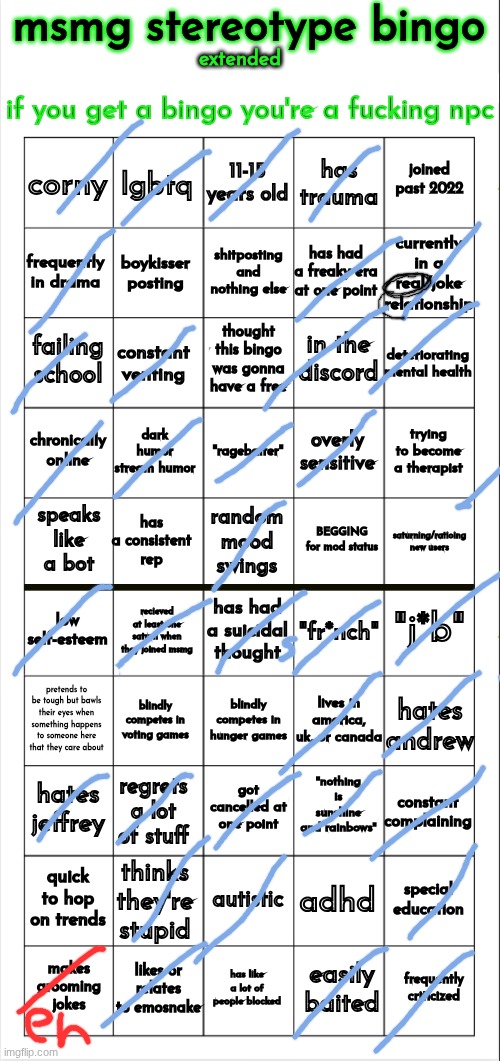 msmg stereotype bingo (extended) | image tagged in msmg stereotype bingo extended | made w/ Imgflip meme maker