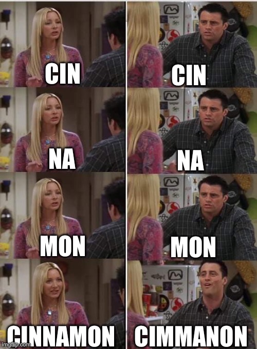 CIMMANON!!!!!!!!!!!!! | CIN; CIN; NA; NA; MON; MON; CIMMANON; CINNAMON | image tagged in joey learns french | made w/ Imgflip meme maker