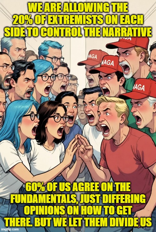 We are all falling for it hook line and sinker | WE ARE ALLOWING THE 20% OF EXTREMISTS ON EACH SIDE TO CONTROL THE NARRATIVE; 60% OF US AGREE ON THE FUNDAMENTALS, JUST DIFFERING OPINIONS ON HOW TO GET THERE. BUT WE LET THEM DIVIDE US | image tagged in psyop,mk ultra,division,false flag,racism,politics | made w/ Imgflip meme maker