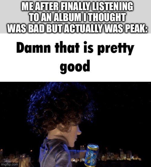 Damn… I kinda like it now… | ME AFTER FINALLY LISTENING TO AN ALBUM I THOUGHT WAS BAD BUT ACTUALLY WAS PEAK: | image tagged in damn that is pretty good | made w/ Imgflip meme maker
