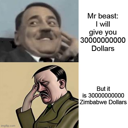 Drake Hotline Bling | Mr beast: I will give you 30000000000 Dollars; But it is 30000000000 Zimbabwe Dollars | image tagged in memes,drake hotline bling | made w/ Imgflip meme maker