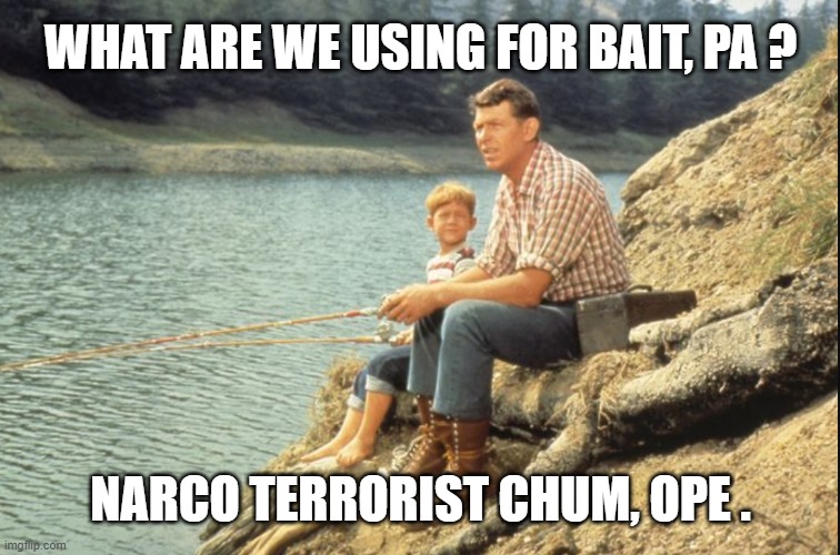 WHAT ARE WE USING FOR BAIT, PA ? NARCO TERRORIST CHUM, OPE . | image tagged in andy and opie | made w/ Imgflip meme maker