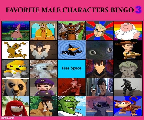favorite male characters bingo 3 | 3 | image tagged in favorite male characters bingo,bingos,anime,movies,videogames,comics/cartoons | made w/ Imgflip meme maker