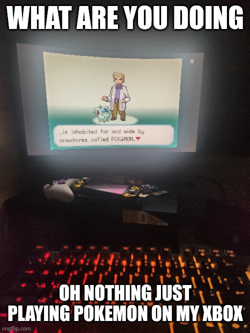 Pokemon on xbox | WHAT ARE YOU DOING; OH NOTHING JUST PLAYING POKEMON ON MY XBOX | image tagged in pokemon | made w/ Imgflip meme maker