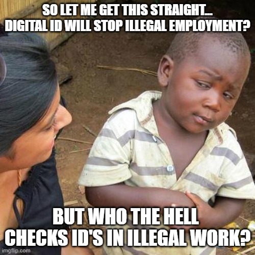 Digital ID is Enslavement | SO LET ME GET THIS STRAIGHT... DIGITAL ID WILL STOP ILLEGAL EMPLOYMENT? BUT WHO THE HELL  CHECKS ID'S IN ILLEGAL WORK? | image tagged in memes,third world skeptical kid,illegal,employment,digital | made w/ Imgflip meme maker