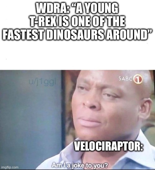 It’s an outdated documentary, but a good one | WDRA: “A YOUNG T-REX IS ONE OF THE FASTEST DINOSAURS AROUND”; VELOCIRAPTOR: | image tagged in am i a joke to you,when dinosaurs roamed america,dinosaur,t-rex,velociraptor | made w/ Imgflip meme maker