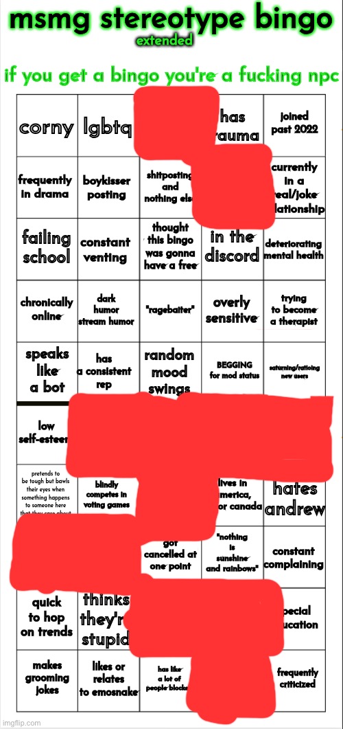 msmg stereotype bingo (extended) | image tagged in msmg stereotype bingo extended | made w/ Imgflip meme maker