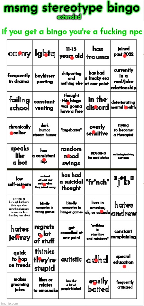 msmg stereotype bingo (extended) | image tagged in msmg stereotype bingo extended | made w/ Imgflip meme maker