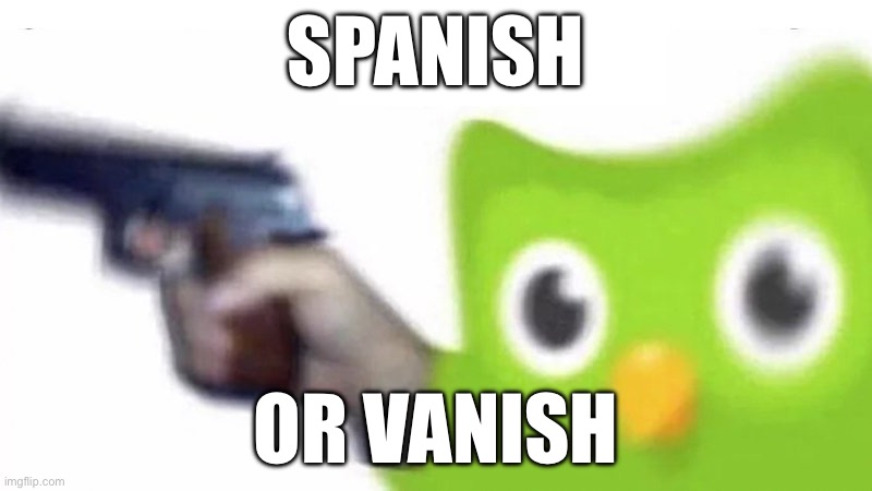 duolingo gun | SPANISH; OR VANISH | image tagged in duolingo gun | made w/ Imgflip meme maker