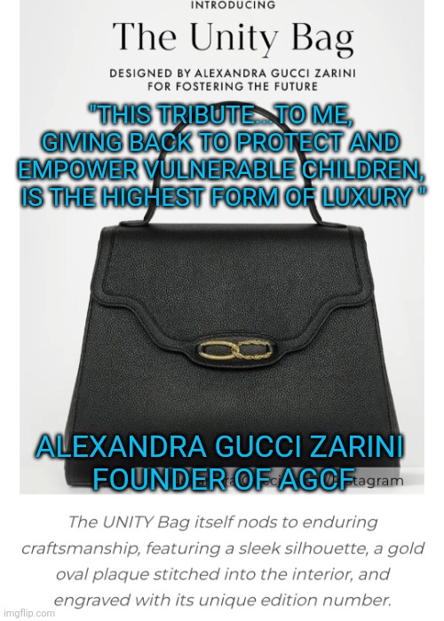 "This tribute...to me, giving back to protect and empower vulnerable children,  is the highest form of luxury " | "THIS TRIBUTE...TO ME, GIVING BACK TO PROTECT AND EMPOWER VULNERABLE CHILDREN,  IS THE HIGHEST FORM OF LUXURY "; ALEXANDRA GUCCI ZARINI
 FOUNDER OF AGCF | image tagged in unity bag,alexandra gucci zarini,gucci,fostering the future,melania trump,christmas | made w/ Imgflip meme maker