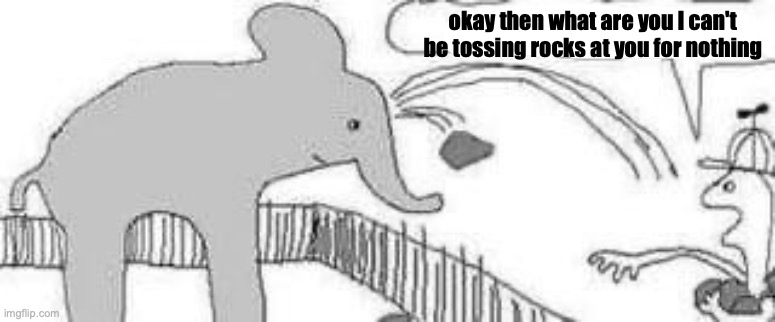 okay then what are you I can't be tossing rocks at you for nothing | image tagged in gay elephant | made w/ Imgflip meme maker