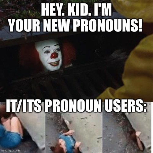 We all float down here... | HEY. KID. I'M YOUR NEW PRONOUNS! IT/ITS PRONOUN USERS: | image tagged in pennywise in sewer,it,pronouns | made w/ Imgflip meme maker