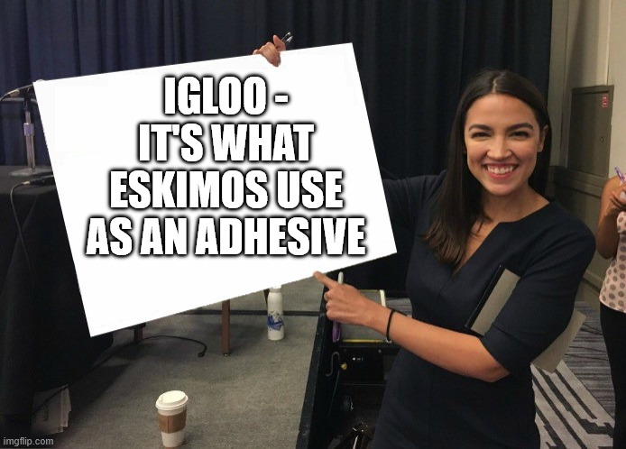AOC LOGIC... | IGLOO - IT'S WHAT ESKIMOS USE AS AN ADHESIVE | image tagged in aoc,memes,stupid,democrat,trump,eskimo | made w/ Imgflip meme maker
