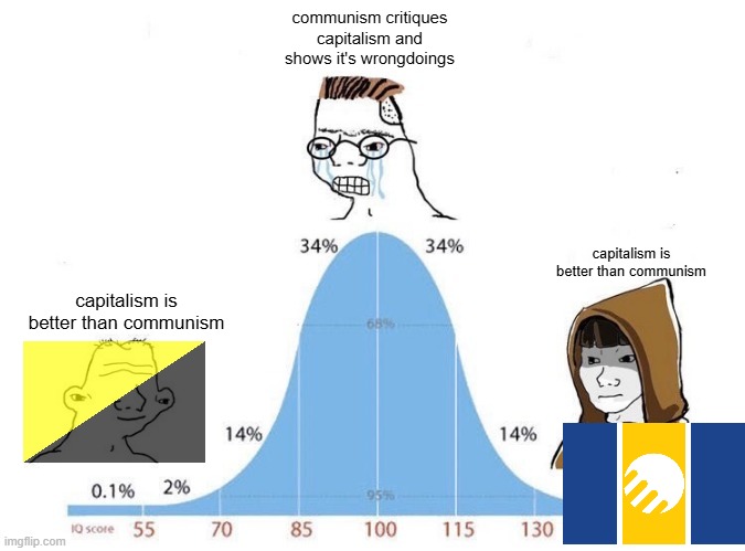 communism is childish | communism critiques capitalism and shows it's wrongdoings; capitalism is better than communism; capitalism is better than communism | image tagged in bell curve,communism,capitalism,anarchism | made w/ Imgflip meme maker
