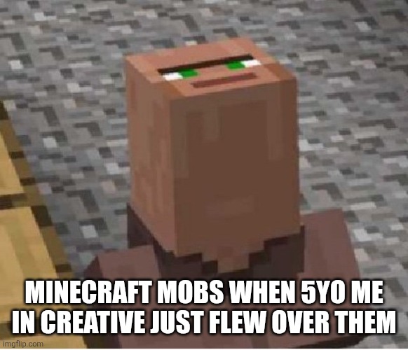 Kids and creative, lol | MINECRAFT MOBS WHEN 5YO ME IN CREATIVE JUST FLEW OVER THEM | image tagged in minecraft villager looking up | made w/ Imgflip meme maker