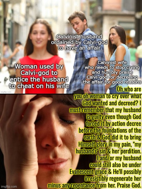 Yeah that's pretty much how it works in this system | Oh who are you oh woman to cry over what God wanted and decreed? I must remember that my husband is guilty even though God forced it by action decree before the foundations of the earth & God did it to bring Himself glory in my pain, "my husband's" sin & her perdition. I and/or my husband could still also be under Evanescent grace & He'll possibly irresistibly regenerate her minus any repentance from her. Praise God. | image tagged in first world problems,calvinism,calvinist memes,anti calvinist,reformed theology,nonsense | made w/ Imgflip meme maker