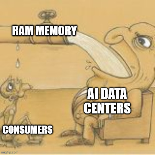 No RAM for you (and me)! | RAM MEMORY; AI DATA CENTERS; CONSUMERS | image tagged in fat man drinking from pipe | made w/ Imgflip meme maker