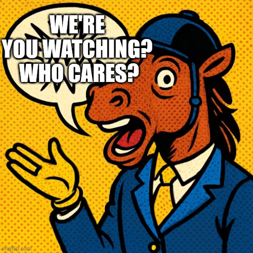 Horseman rambling about nonsense | WE'RE YOU WATCHING?  WHO CARES? | image tagged in horseman rambling about nonsense | made w/ Imgflip meme maker