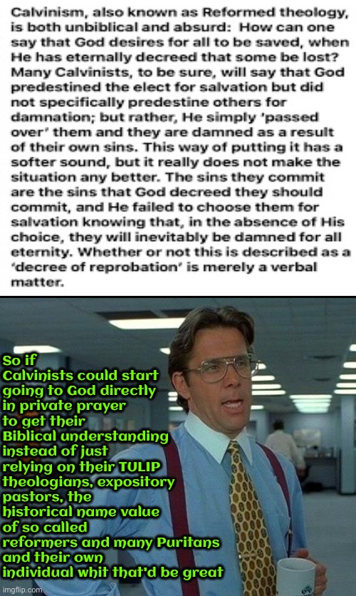Yes please start doing this | So if Calvinists could start going to God directly in private prayer to get their Biblical understanding instead of just relying on their TULIP theologians, expository pastors, the historical name value of so called reformers and many Puritans and their own individual whit that'd be great | image tagged in that would be great,calvinism,calvinist memes,reformed theology,wake up,anti calvinism | made w/ Imgflip meme maker