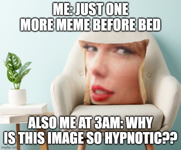 gay | ME: JUST ONE MORE MEME BEFORE BED; ALSO ME AT 3AM: WHY IS THIS IMAGE SO HYPNOTIC?? | image tagged in taylor swift pillow zazzle | made w/ Imgflip meme maker
