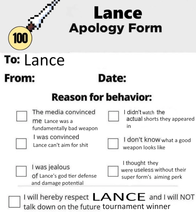 Lance apology form Blank Meme Template