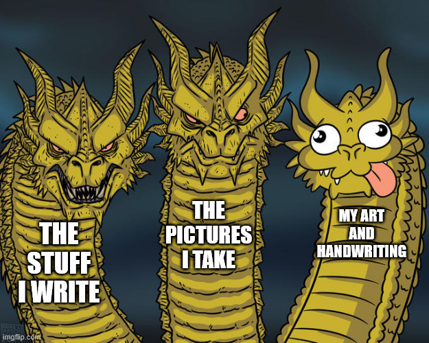 Anyone else here? | THE PICTURES I TAKE; MY ART AND HANDWRITING; THE STUFF I WRITE | image tagged in three-headed dragon | made w/ Imgflip meme maker