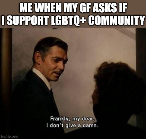 I think a perfect world should be where we all look at each other and not try to give af about a stranger's personal life | ME WHEN MY GF ASKS IF I SUPPORT LGBTQ+ COMMUNITY | image tagged in frankly my dear i don't give a damn,lgbtq,gone with the wind,gay,lol so funny,unpopular opinion puffin | made w/ Imgflip meme maker