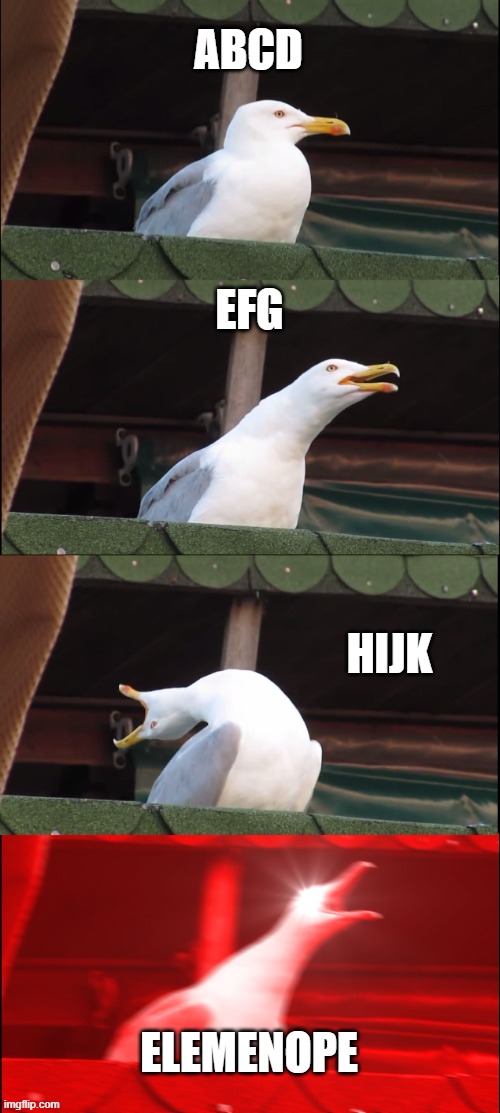 Alphabet | ABCD; EFG; HIJK; ELEMENOPE | image tagged in memes,inhaling seagull | made w/ Imgflip meme maker