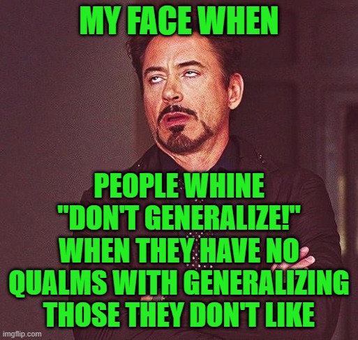 Don't ever complain with "DON'T GENERALIZE!" | MY FACE WHEN; PEOPLE WHINE "DON'T GENERALIZE!" WHEN THEY HAVE NO QUALMS WITH GENERALIZING THOSE THEY DON'T LIKE | image tagged in robert downey jr annoyed | made w/ Imgflip meme maker