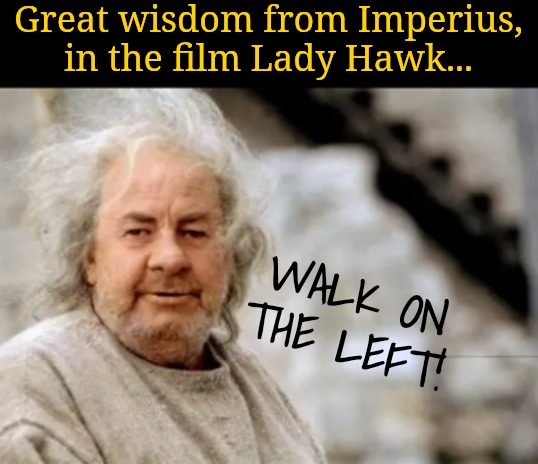 Great wisdom from Imperius, in the film Lady Hawk... WALK ON THE LEFT! | made w/ Imgflip meme maker