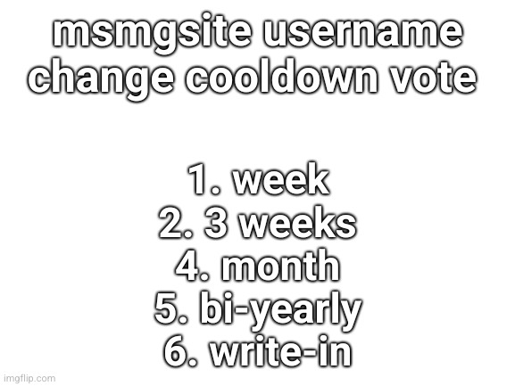 Blank White Template | msmgsite username change cooldown vote; 1. week
2. 3 weeks
4. month
5. bi-yearly
6. write-in | image tagged in blank white template | made w/ Imgflip meme maker