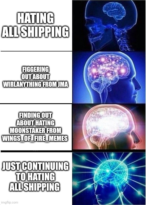 Expanding Brain | HATING ALL SHIPPING; FIGGERING OUT ABOUT WIRLANYTHING FROM JMA; FINDING OUT ABOUT HATING MOONSTAKER FROM WINGS_OF_FIRE_MEMES; JUST CONTINUING TO HATING ALL SHIPPING | image tagged in memes,expanding brain | made w/ Imgflip meme maker