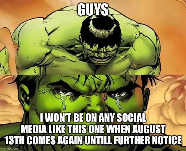 I’m sorry for this y’all... even though, it’s only going to be like that for that specific day only... | GUYS; I WON’T BE ON ANY SOCIAL MEDIA LIKE THIS ONE WHEN AUGUST 13TH COMES AGAIN UNTILL FURTHER NOTICE | image tagged in crying hulk | made w/ Imgflip meme maker