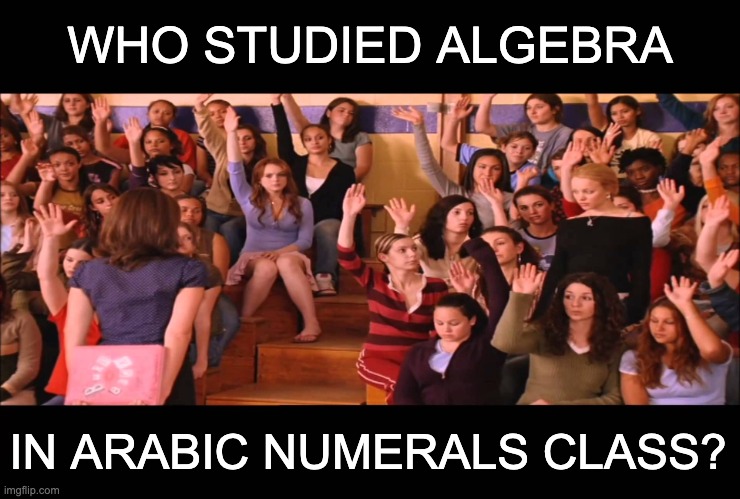 Raise Hand Mean Girls | WHO STUDIED ALGEBRA IN ARABIC NUMERALS CLASS? | image tagged in raise hand mean girls | made w/ Imgflip meme maker