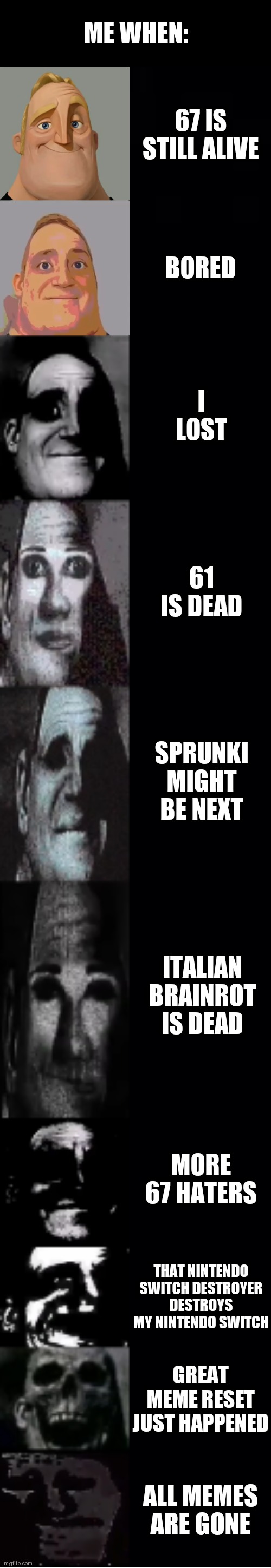 duhrrr i like brainrot lol tung tung heheehhheh | ME WHEN:; 67 IS STILL ALIVE; BORED; I LOST; 61 IS DEAD; SPRUNKI MIGHT BE NEXT; ITALIAN BRAINROT IS DEAD; MORE 67 HATERS; THAT NINTENDO SWITCH DESTROYER DESTROYS MY NINTENDO SWITCH; GREAT MEME RESET JUST HAPPENED; ALL MEMES ARE GONE | image tagged in balls | made w/ Imgflip meme maker