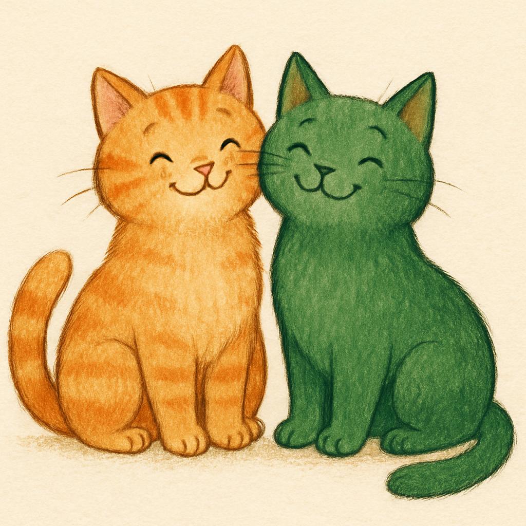 Orange cat and green cat happily together Blank Meme Template
