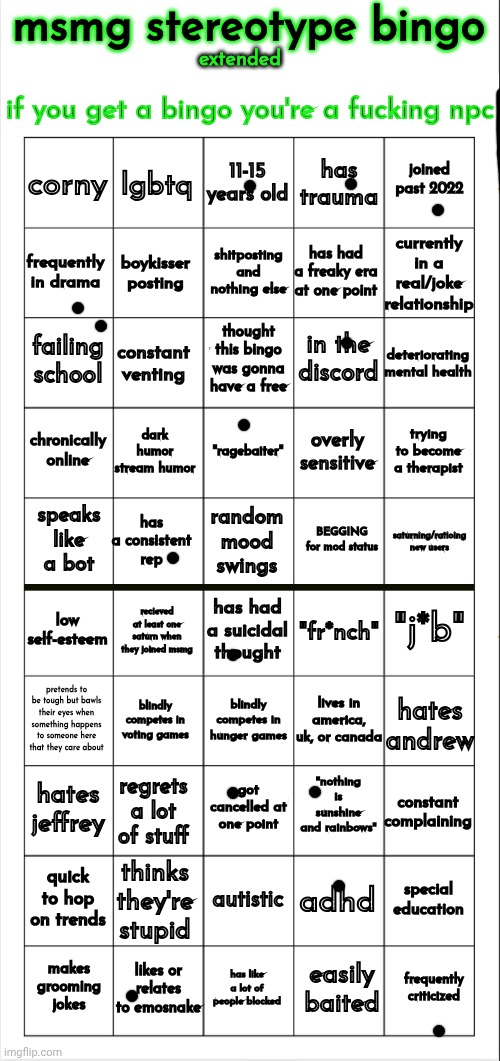 Kinda ass | image tagged in msmg stereotype bingo extended | made w/ Imgflip meme maker
