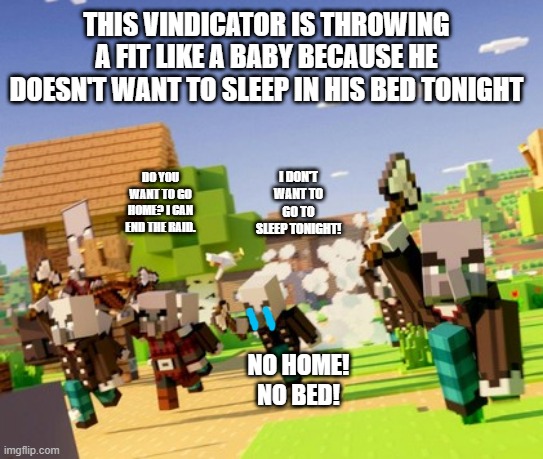 Illagers | THIS VINDICATOR IS THROWING A FIT LIKE A BABY BECAUSE HE DOESN'T WANT TO SLEEP IN HIS BED TONIGHT; I DON'T WANT TO GO TO SLEEP TONIGHT! DO YOU WANT TO GO HOME? I CAN END THE RAID. NO HOME! NO BED! | image tagged in illagers | made w/ Imgflip meme maker