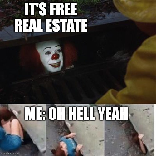 any day bro | IT'S FREE REAL ESTATE; ME: OH HELL YEAH | image tagged in it sewer / clown | made w/ Imgflip meme maker
