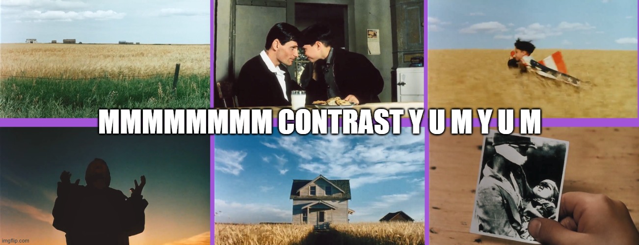 Conflict used in horror film | MMMMMMMM CONTRAST Y U M Y U M | image tagged in the reflecting skin 1991,the reflecting skin,contrast,juxtaposition,contrasting scenes,farm | made w/ Imgflip meme maker