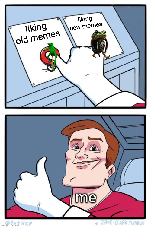 my opinion on the great meme reset of 26 | liking new memes; liking old memes; me | image tagged in both buttons pressed | made w/ Imgflip meme maker